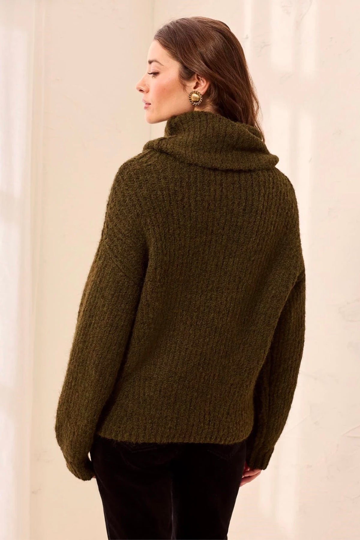 Tribal Funnel neck Puff Sleeve Knit Sweater