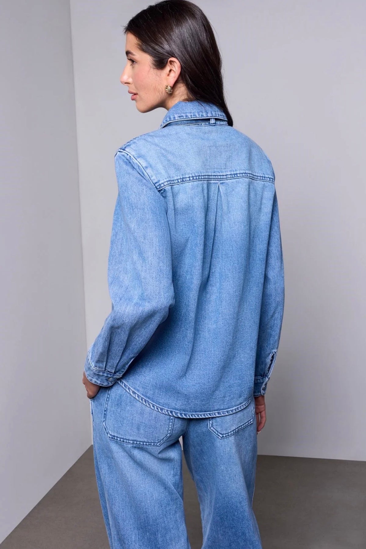 Tribal Blue Thread Button Up Bow Front Denim Blouse