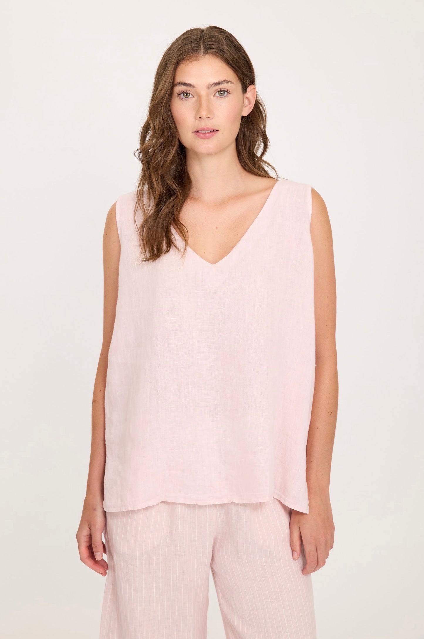 Pistache Sleeveless V-Neck Linen Top Pink Mist