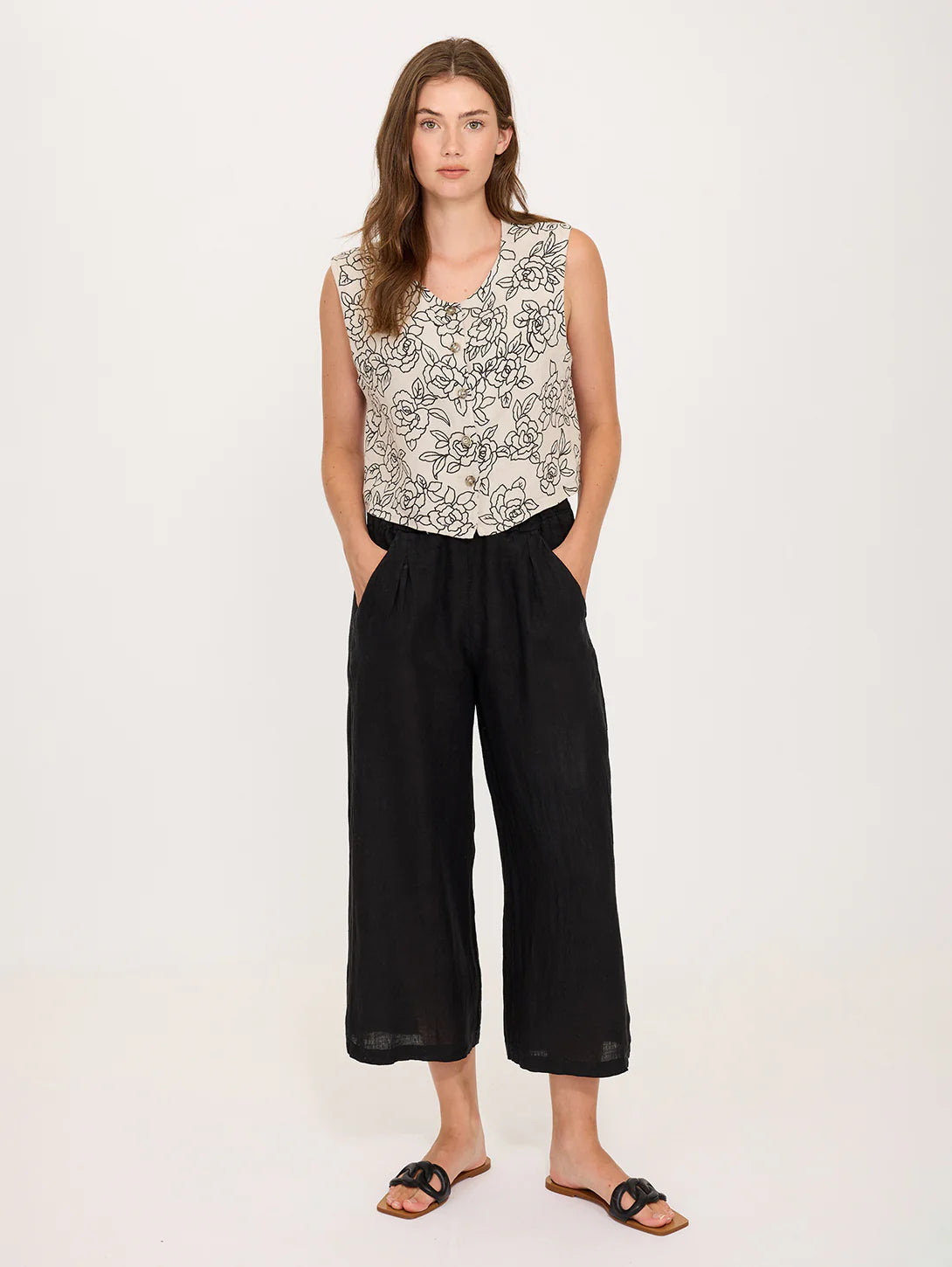 Pistache Cropped Linen Pants Black