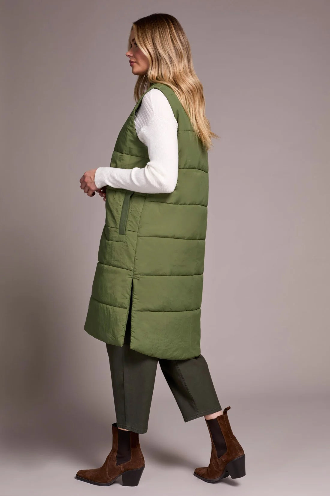 Tribal Long Zip Up Quilted Vest Chive