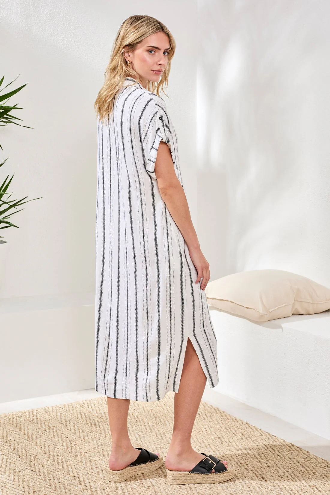Tribal Soft Linen Button Front Midi Dress