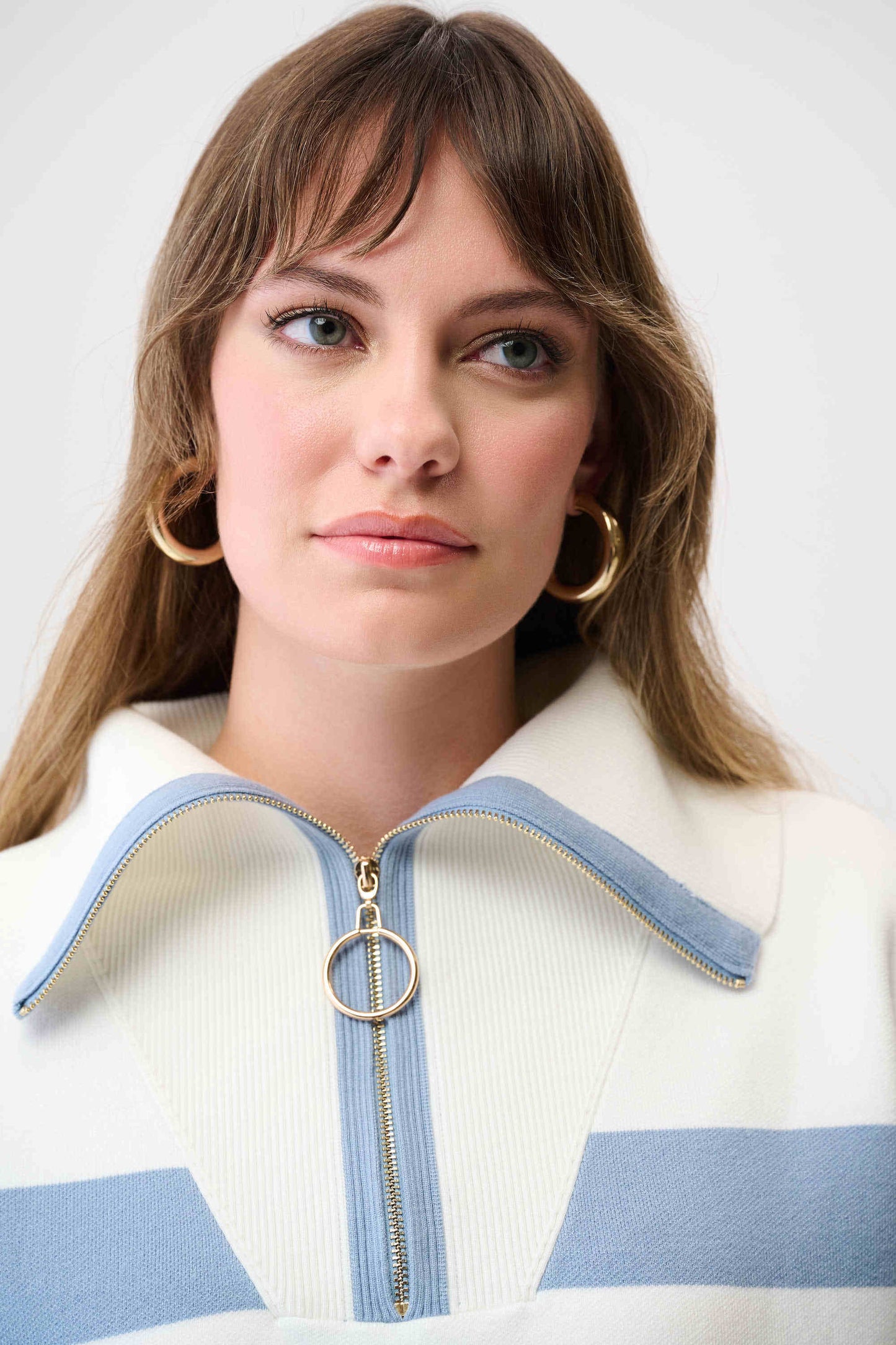 Brushed Viscose Stripe Print Boxy Sweater with Zipped Collar