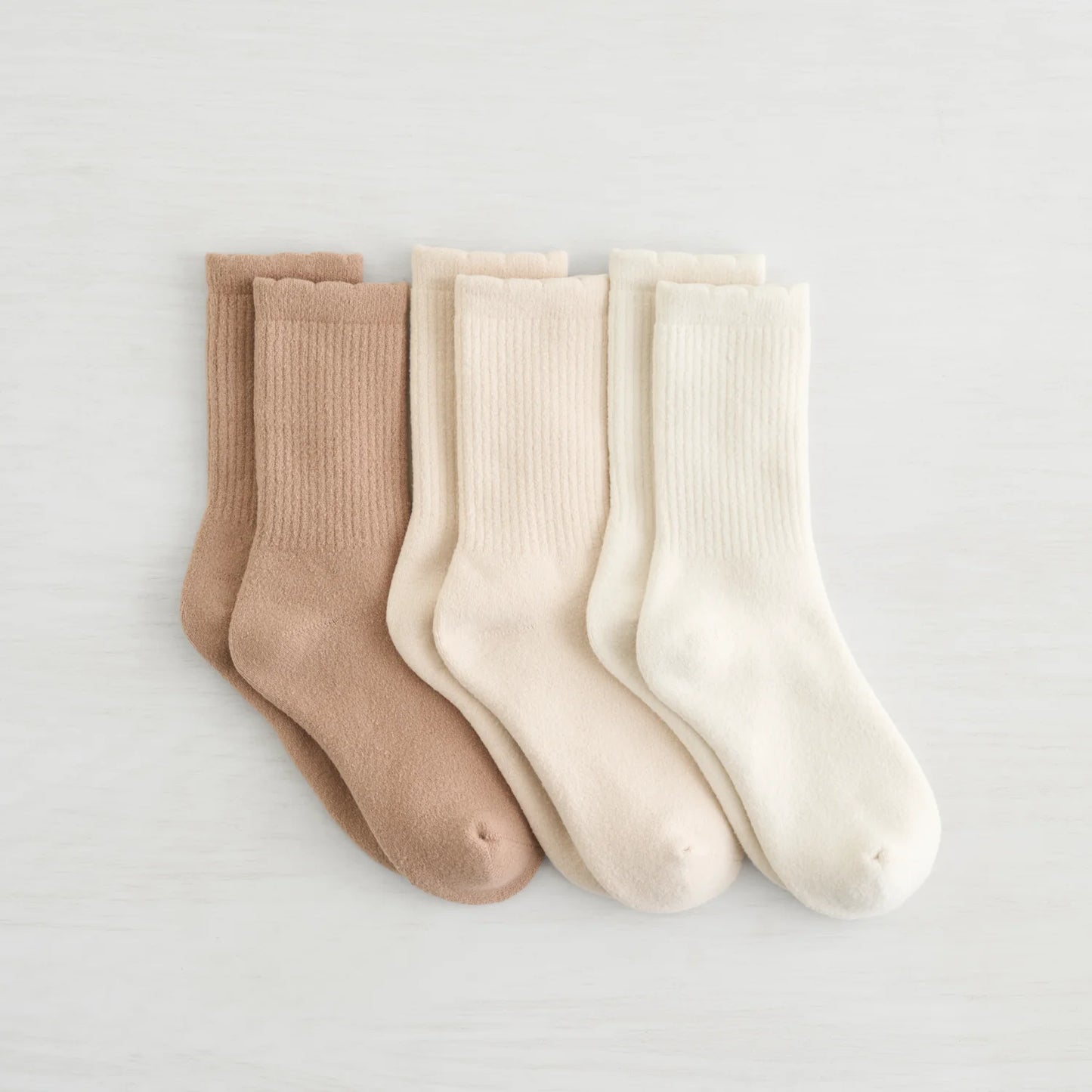 Lemon Scalloped Full Terry Crew Socks 3 Pack Beige