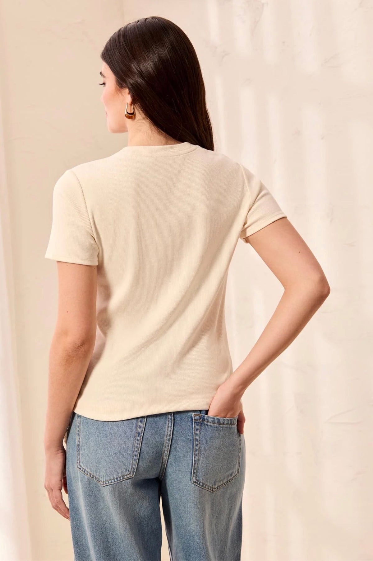 Tribal Blue Thread Cotton Ribbed Tee Cream