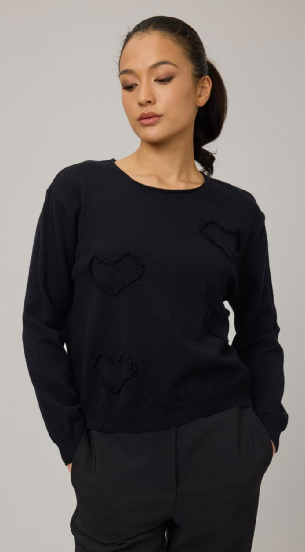 Pistache Heart Fringe Knit Sweater Black