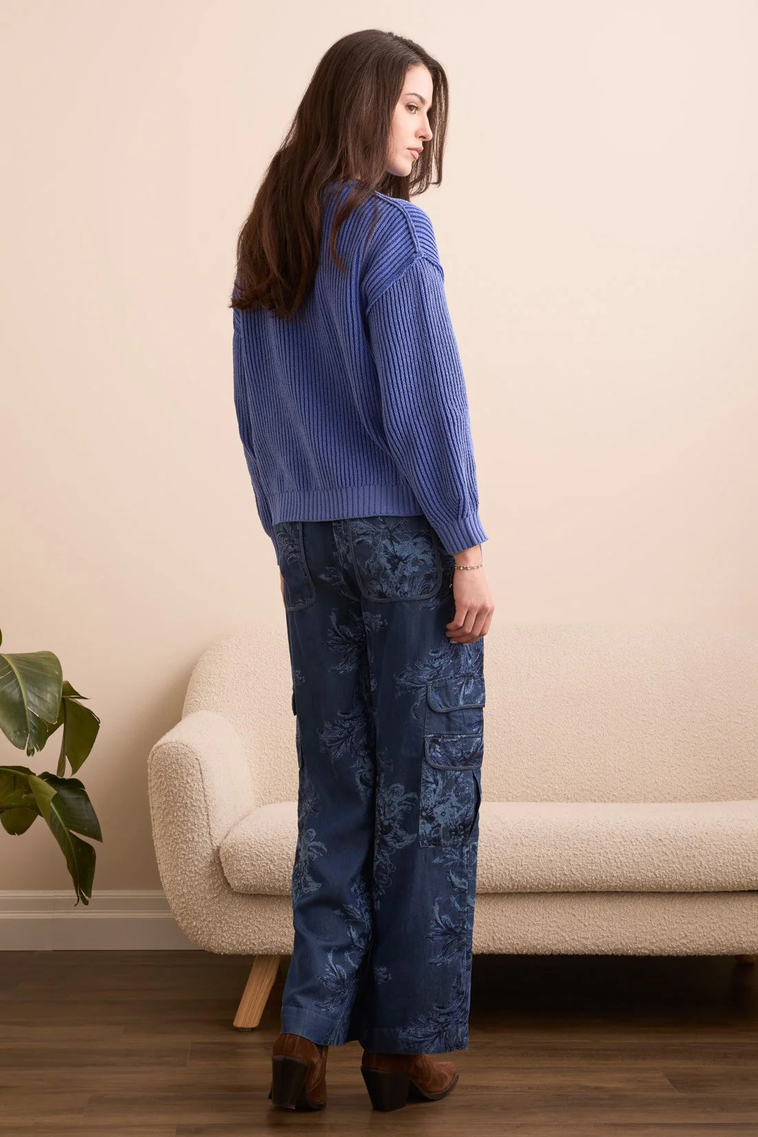 Tribal Chenille Ribbed Crew Neck Sweater Blue