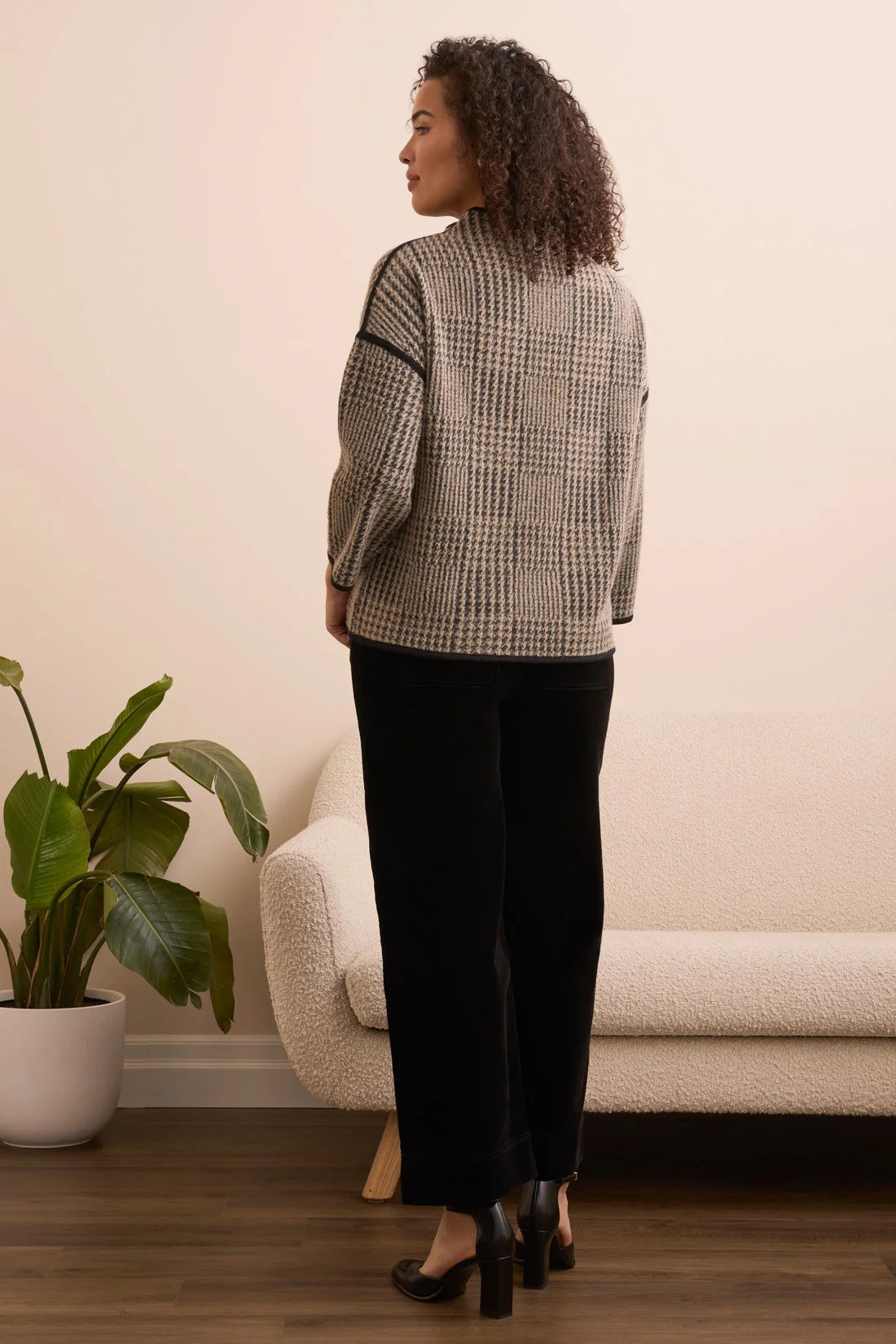 3/4 SLEEVE MOCK NECK JACQUARD PLAID TOP