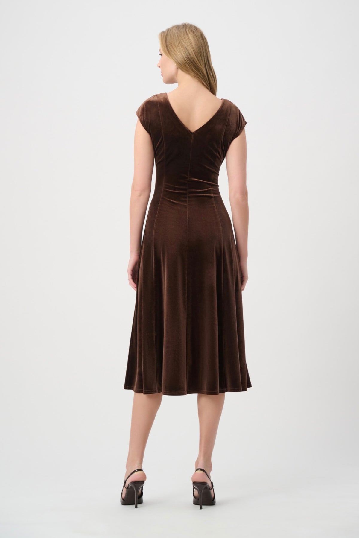 Joseph Ribkoff Velvet Fit & Flare Belted Dress Mahogany 264209