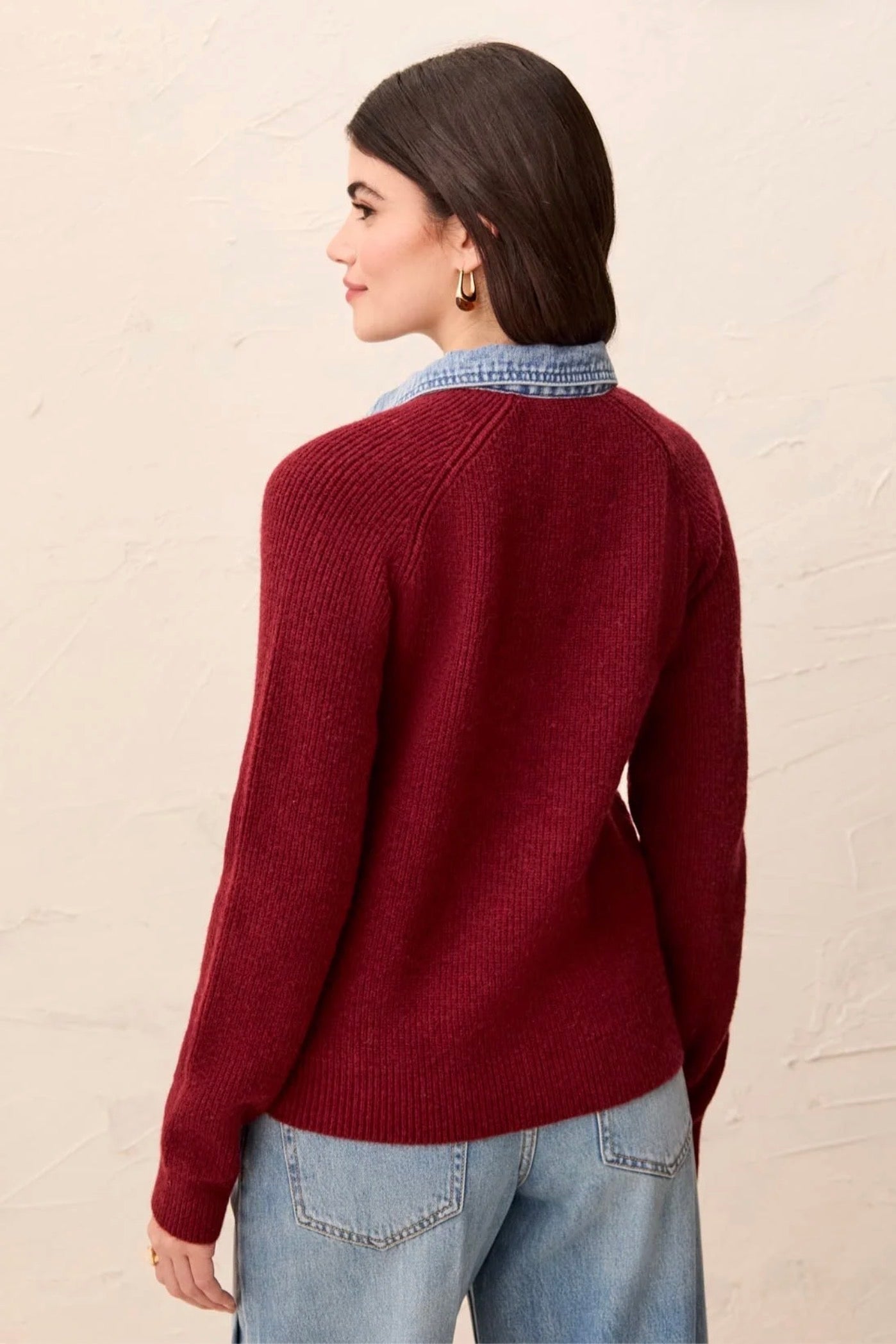 Tribal Denim Trim Sweater Jacket Cherry
