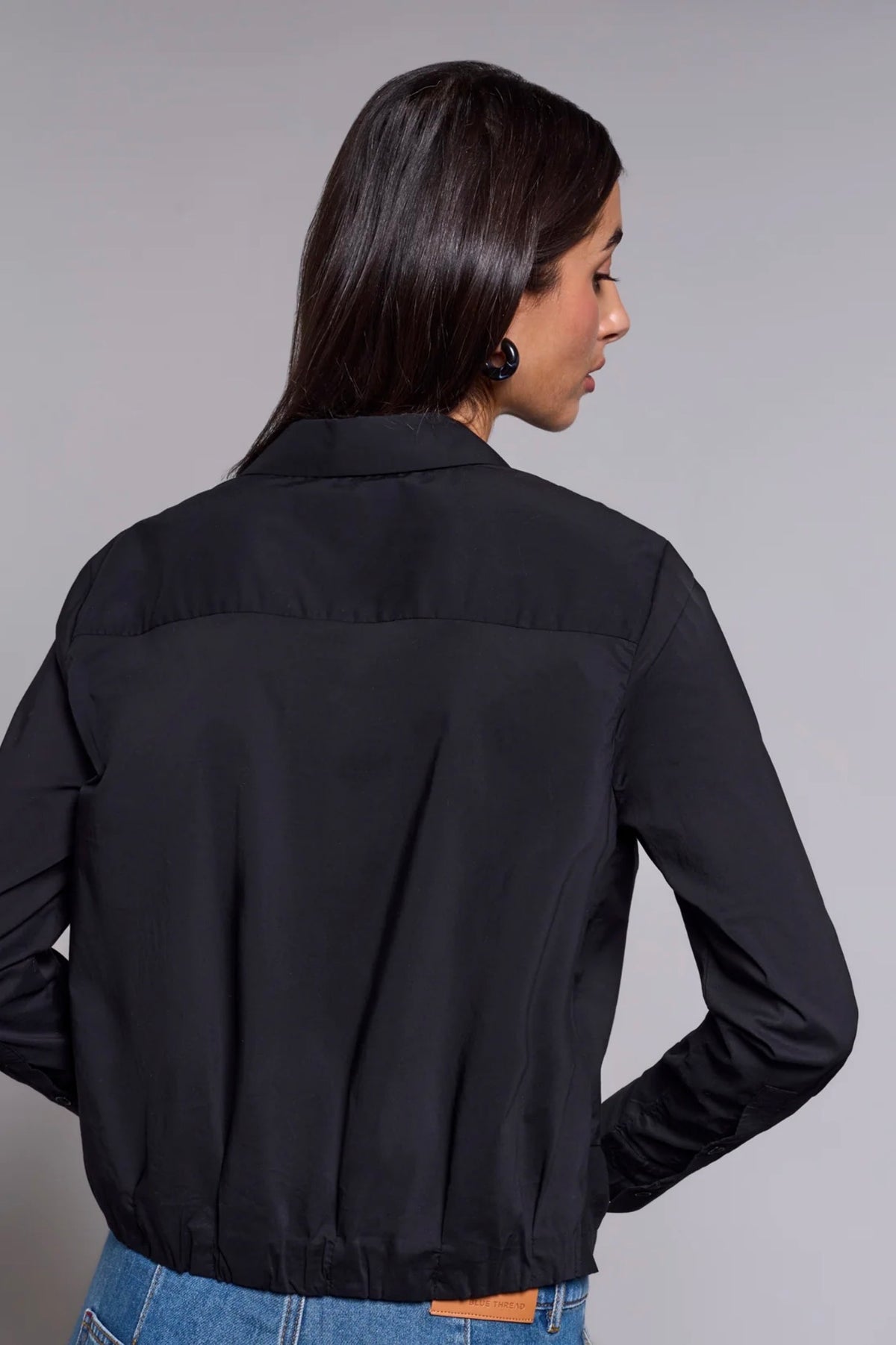 Tribal Blue Thread Knot Front Collared Shirt Black