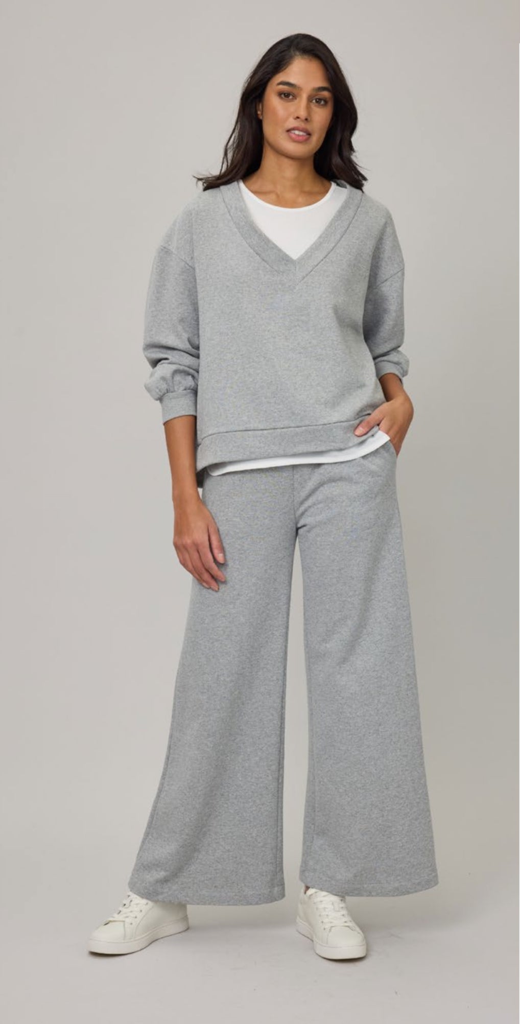 Pistache V-Neck Terry Cotton Lounge Sweater Grey