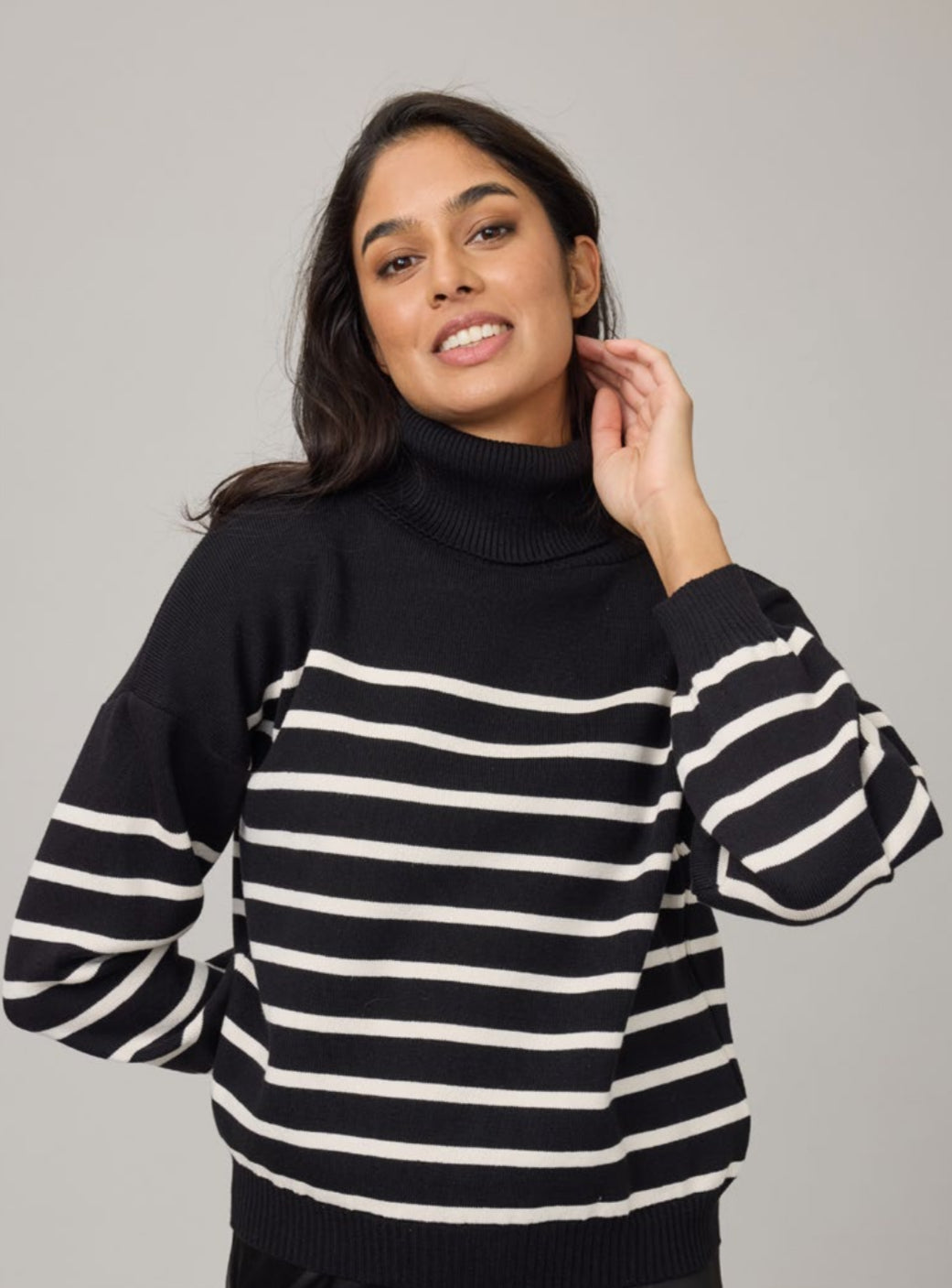 Pistache Striped Knit Turtleneck Sweater Black