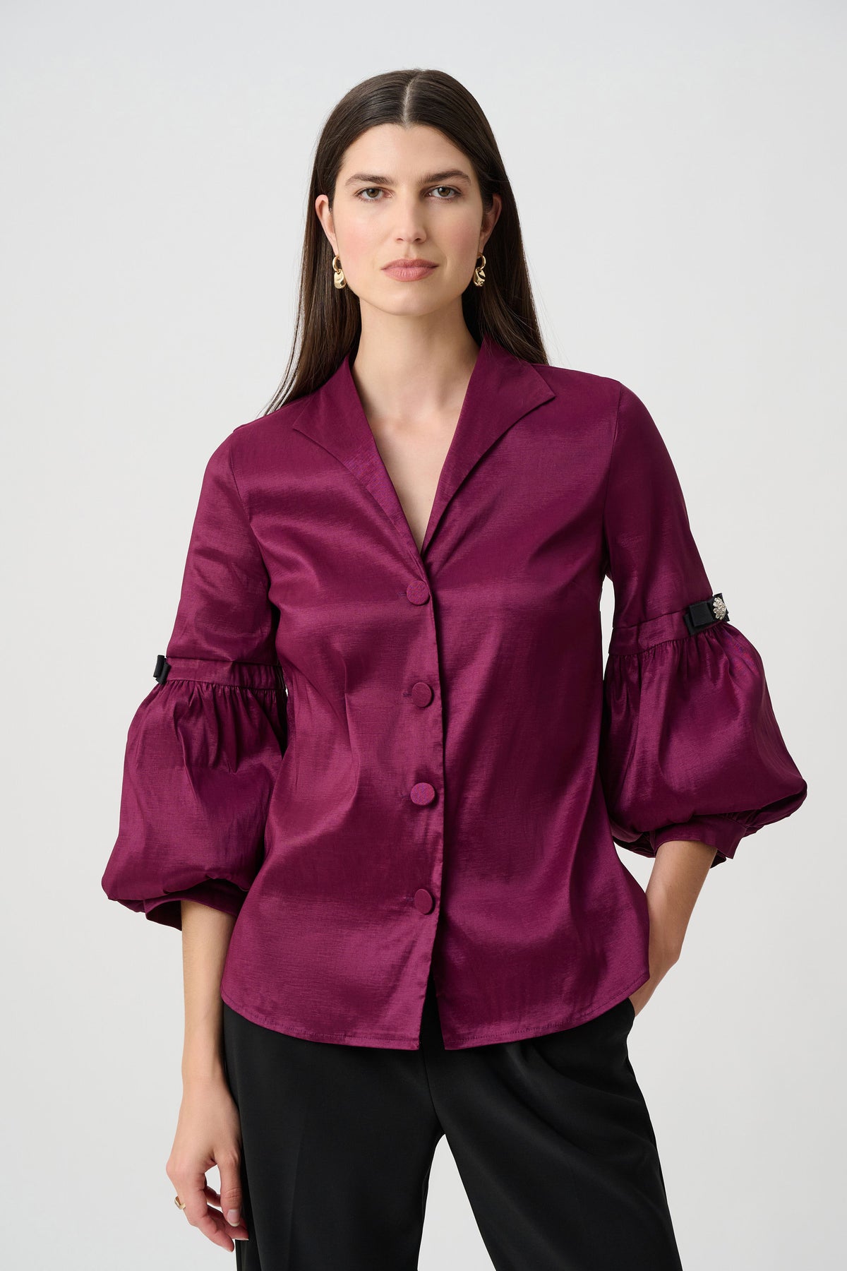Signature | Stretch Taffeta Fitted Blouse With Rhinestone Buttons