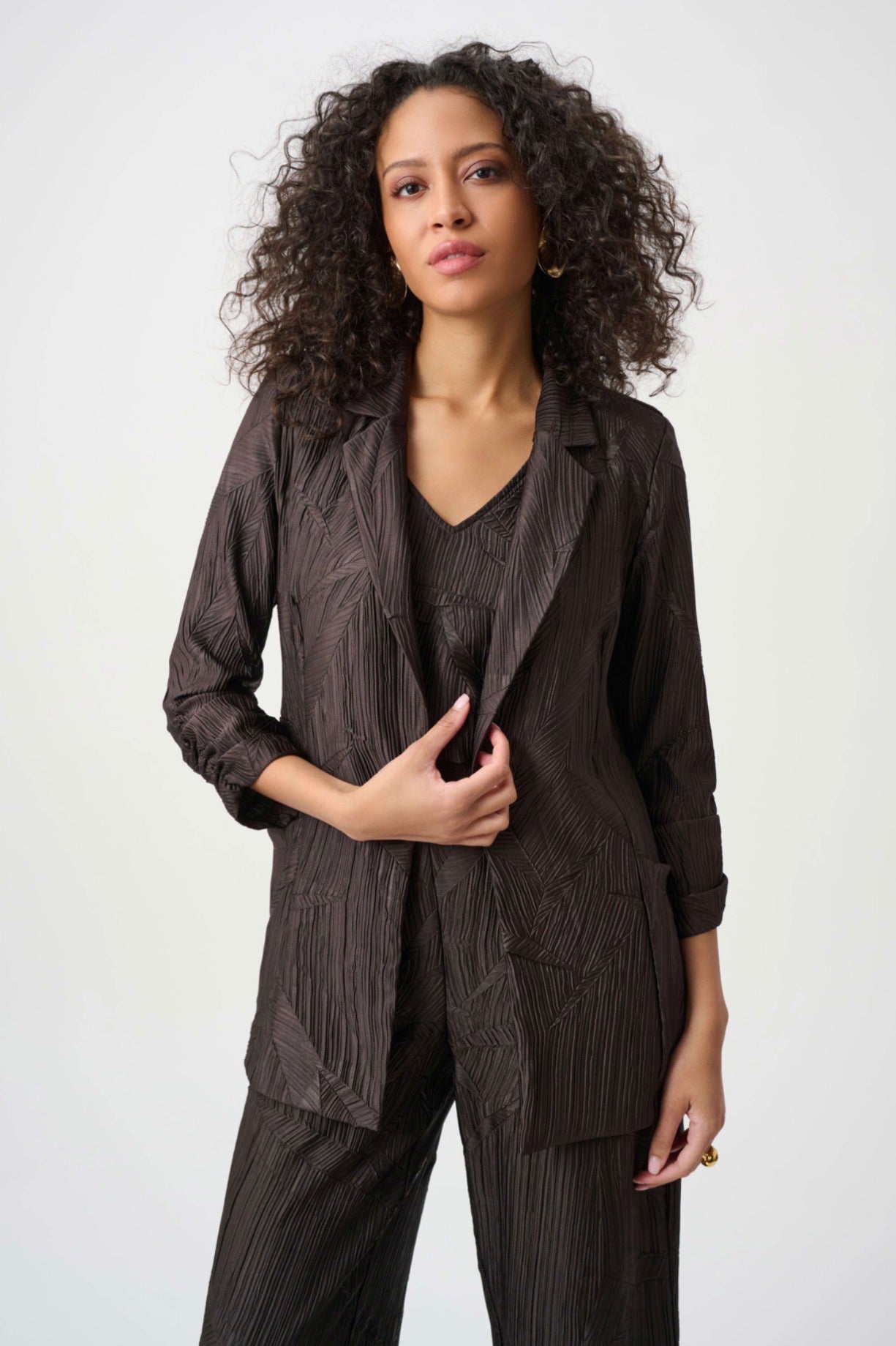 Joseph Ribkoff Pleated Satin Open Blazer Mocha 263050