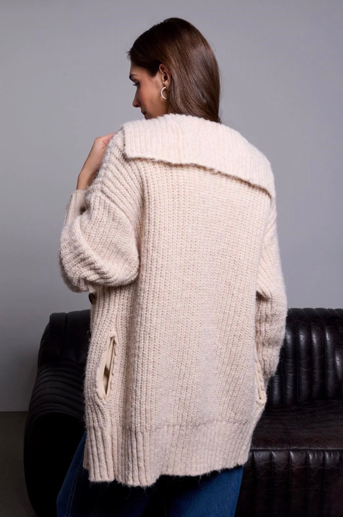 Tribal Blue Thread Oversized Knit Cardigan Cream