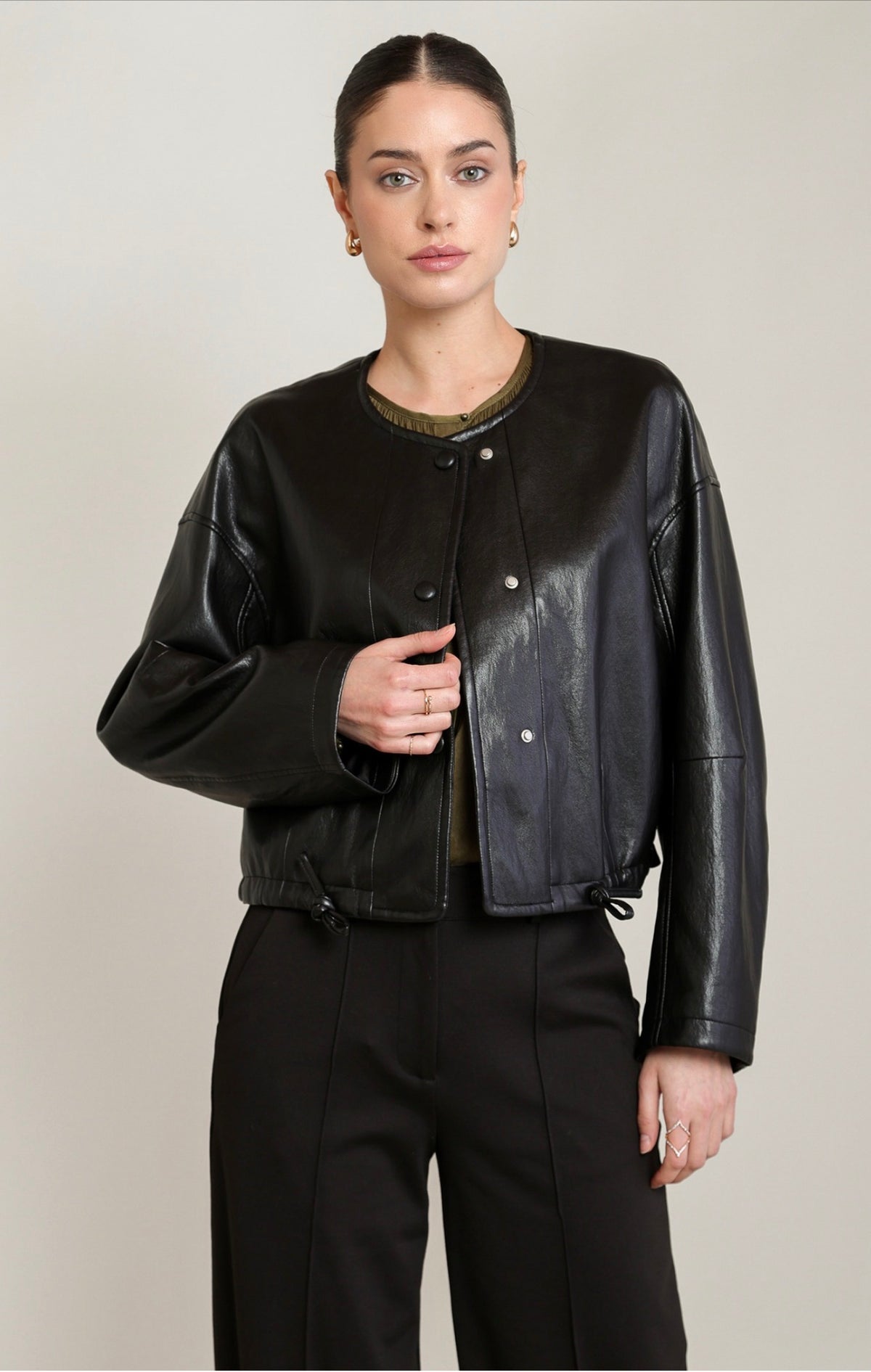 Black Tape Collarless Faux Leather Bomber Jacket