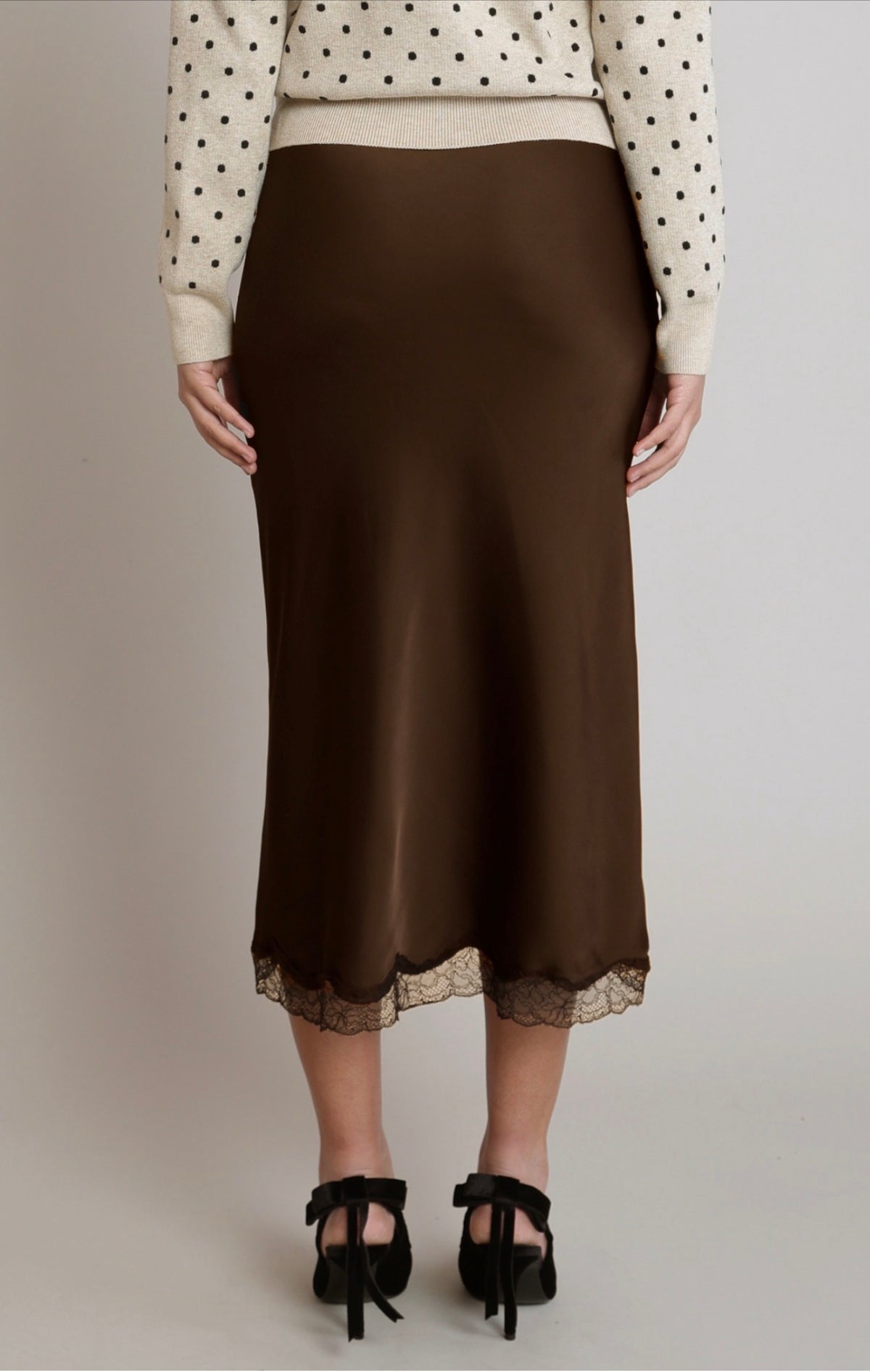Dex Satin Lace Trim Skirt Chocolate