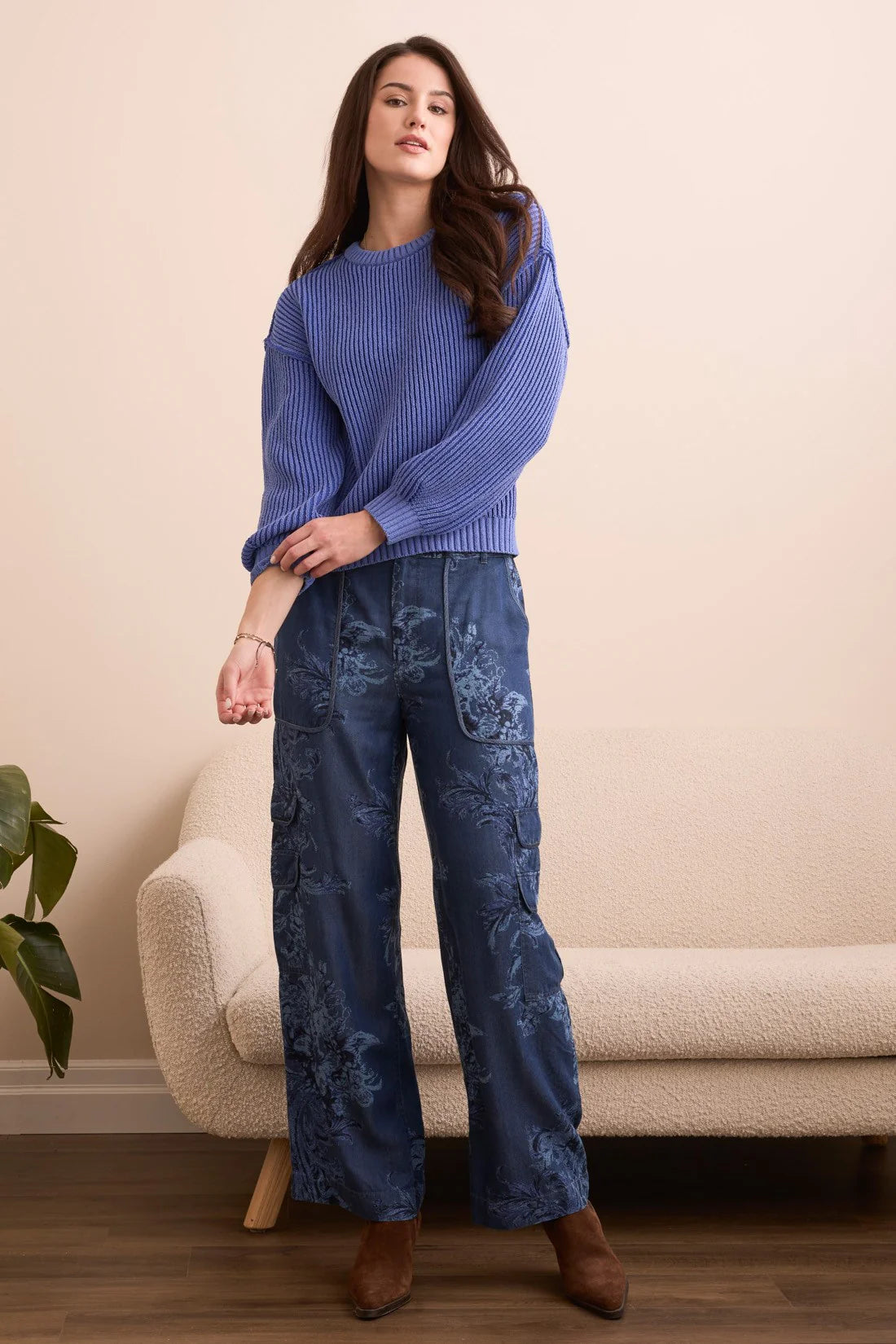 PLAITED CHENILLE CREW NECK RIBBED SWEATER