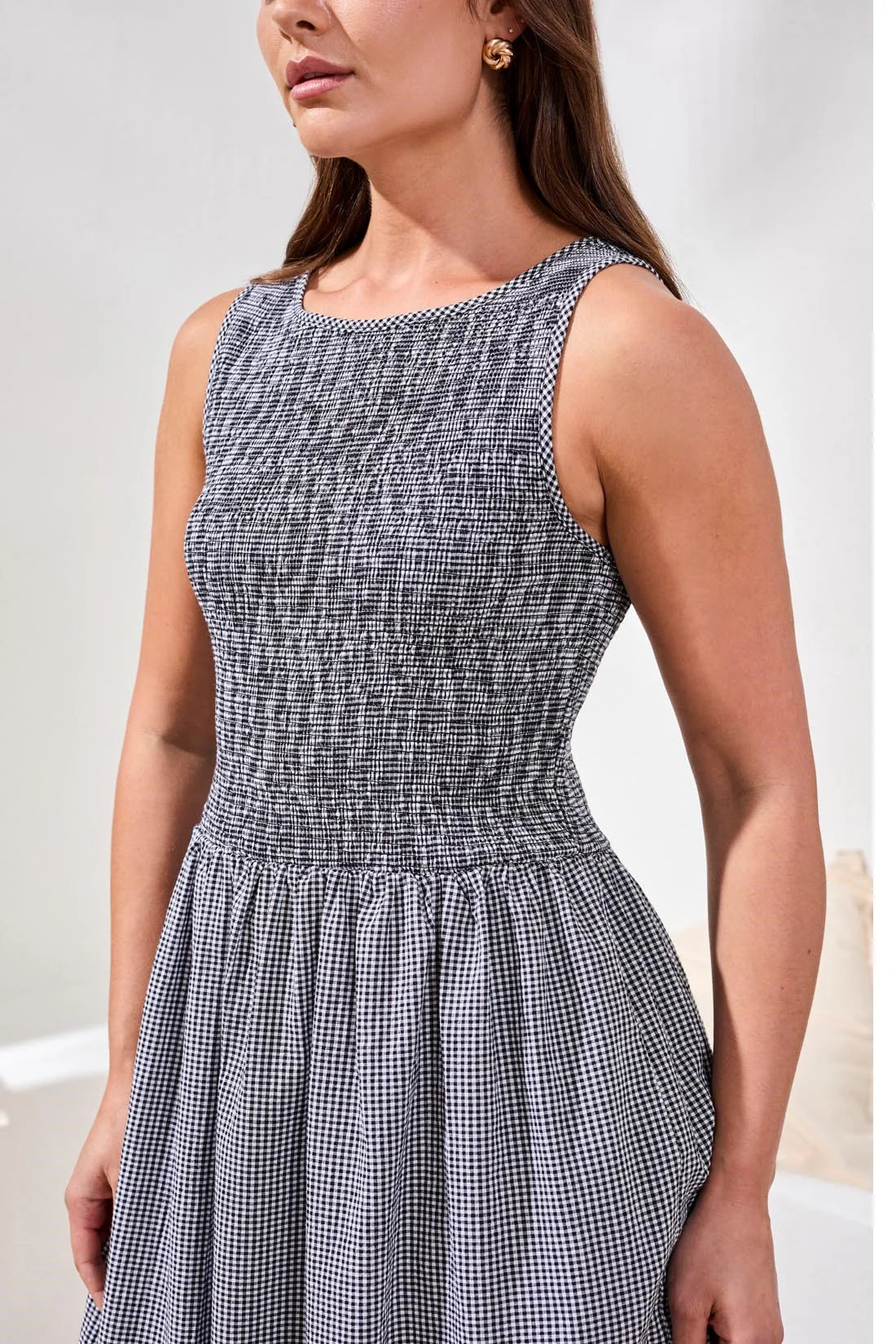 Tribal Gingham Smocked Bodice Maxi Dress