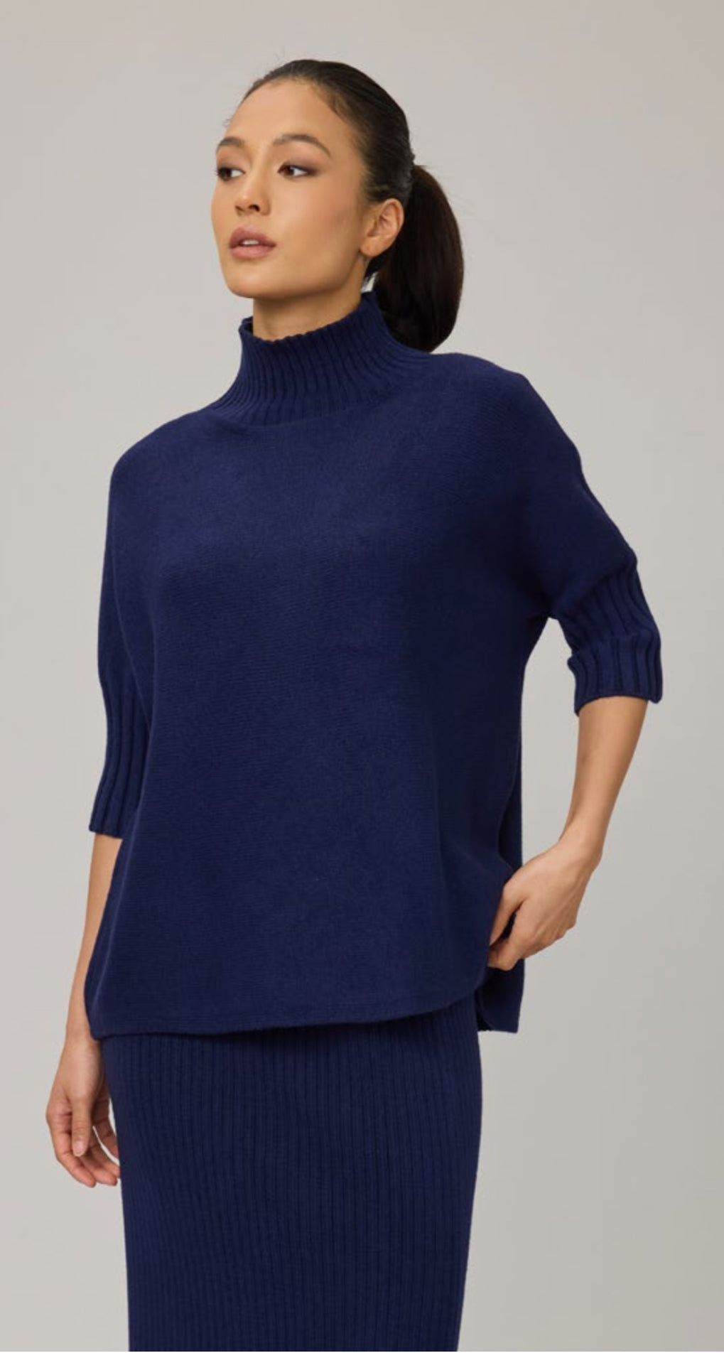 Pistache Rib Funnel Neck Knit Sweater Midnight Navy