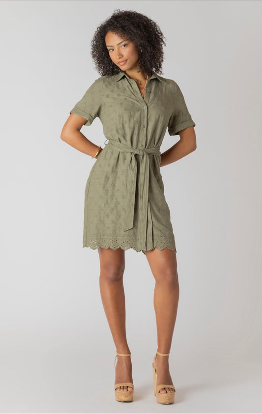 Room 34 Eyelet Mini Shirt Dress Sage