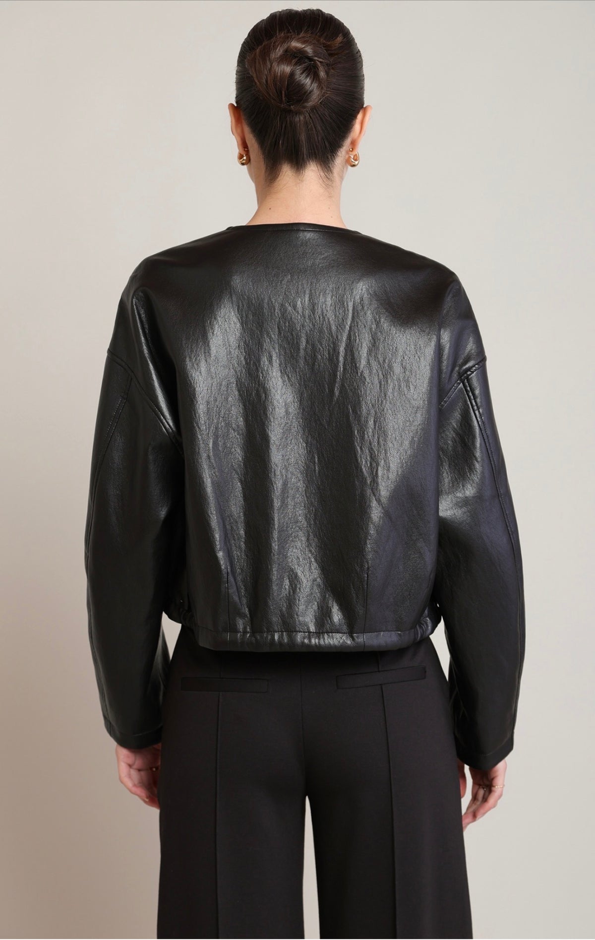 Black Tape Collarless Faux Leather Bomber Jacket