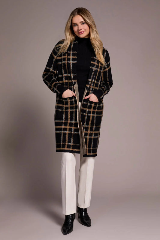 DOUBLE KNIT LONG PLAID COATIGAN