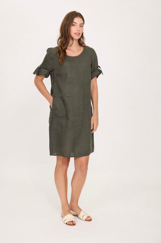 Pistache Linen Clasp Sleeve Dress Military Green