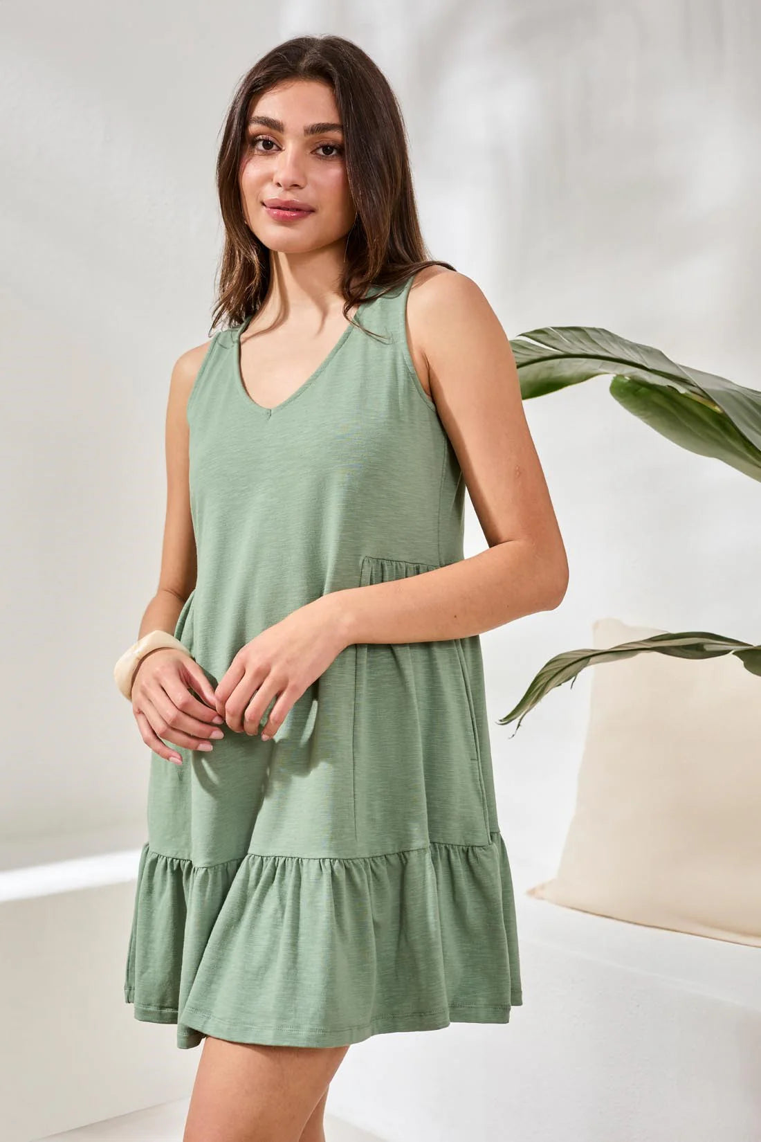Tribal V-Neck Sleeveless Tiered Dress Moss