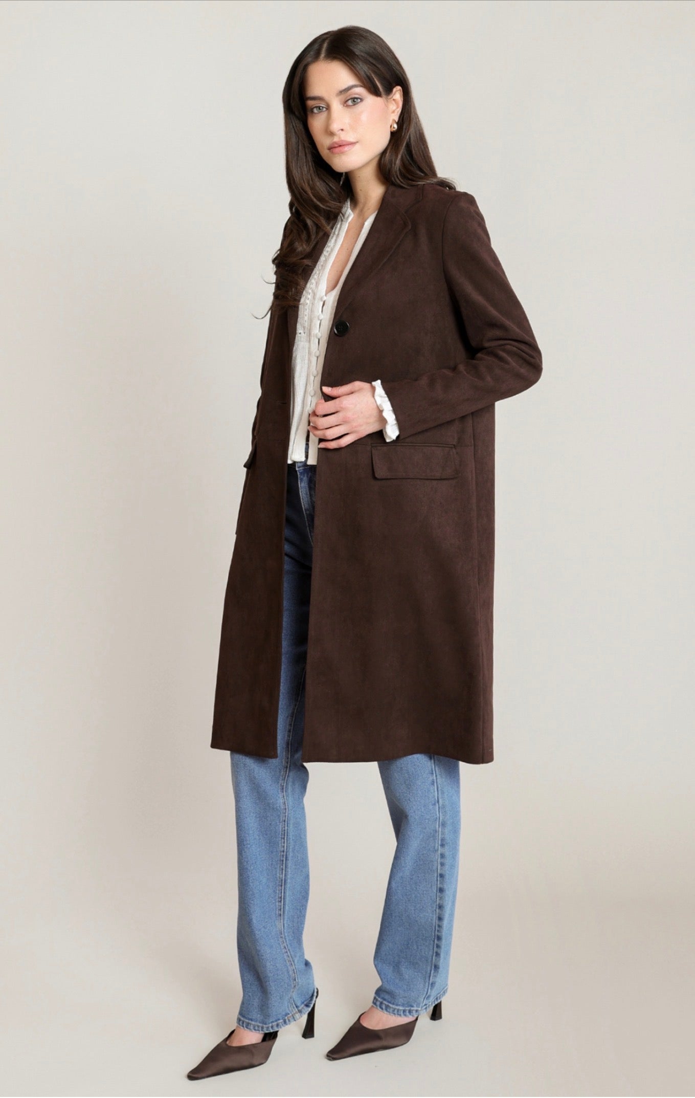 Black Tape Long Faux Suede Coat Chocolate