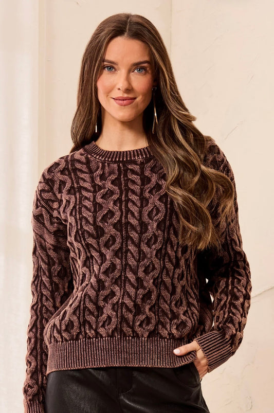 Tribal Cable Knit Crewneck Sweater Saddle Brown