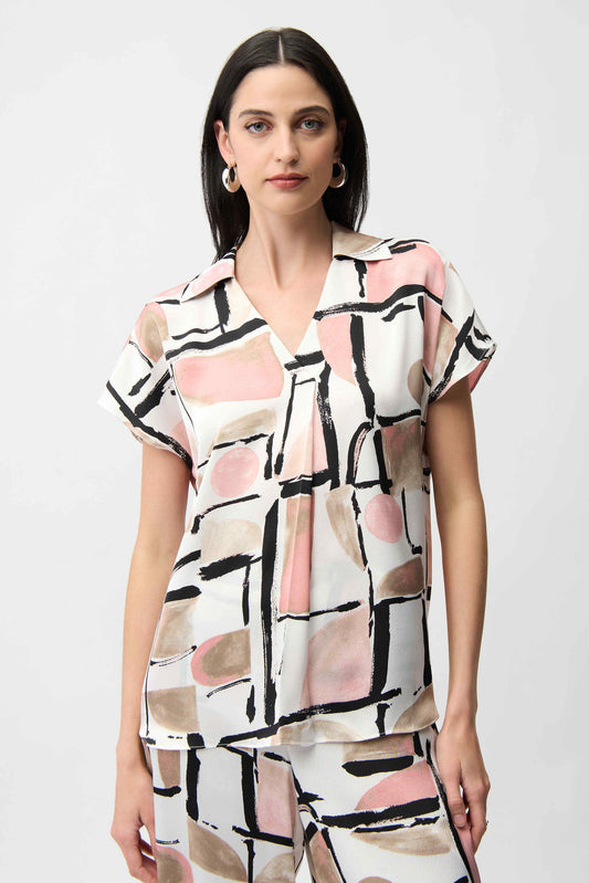 Joseph Ribkoff Recycled Satin Abstract Print Boxy Top With V-neckline 261308