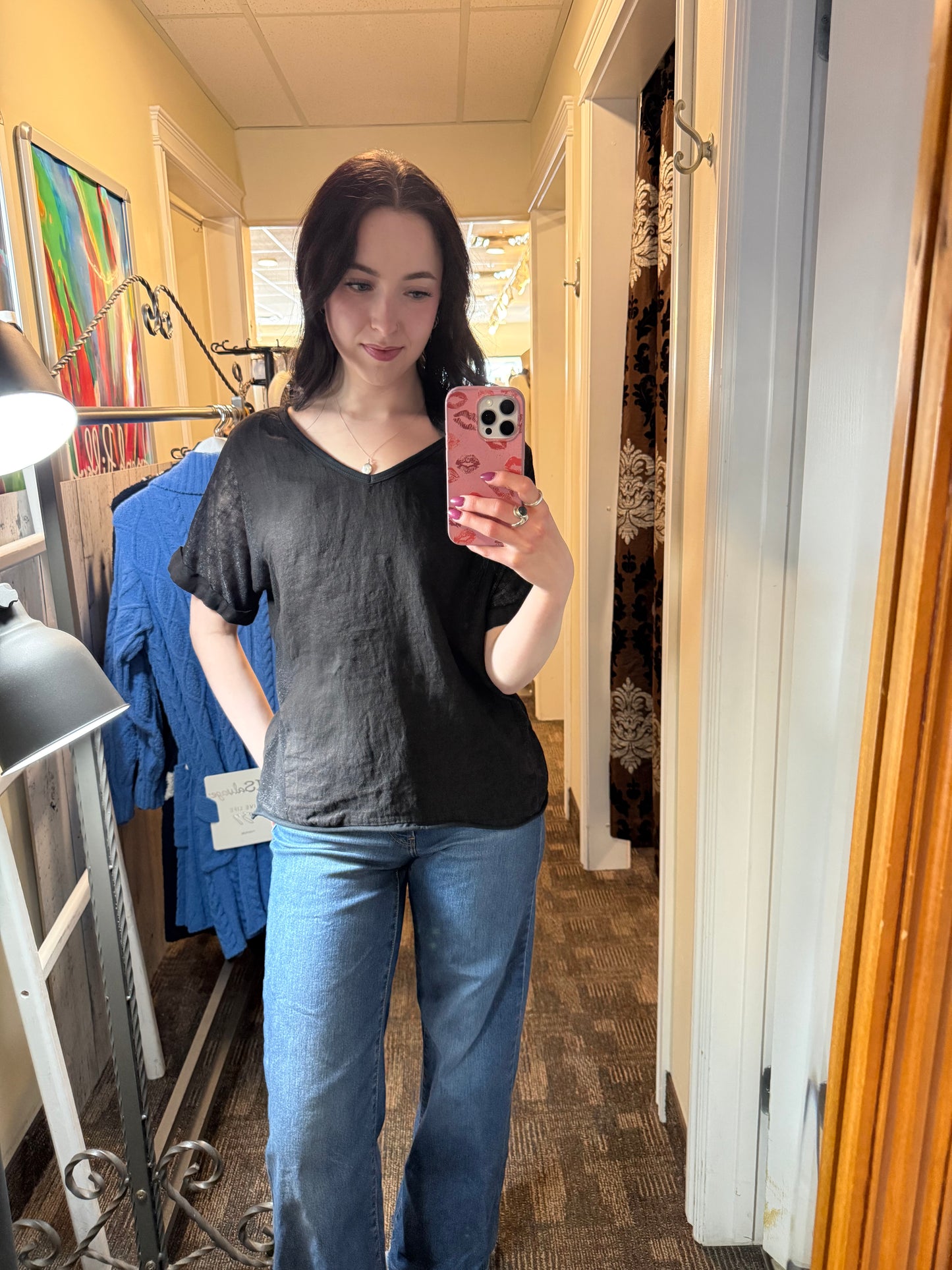 Pistache Short Sleeve V-Neck Top Black