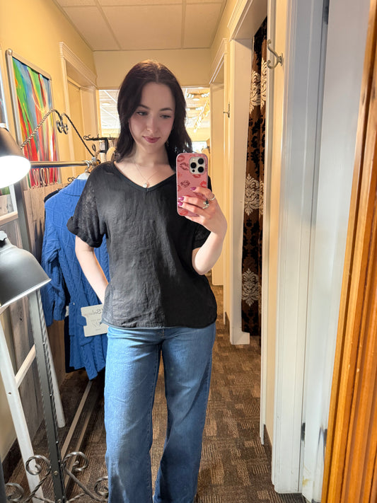 Pistache Short Sleeve V-Neck Top Black