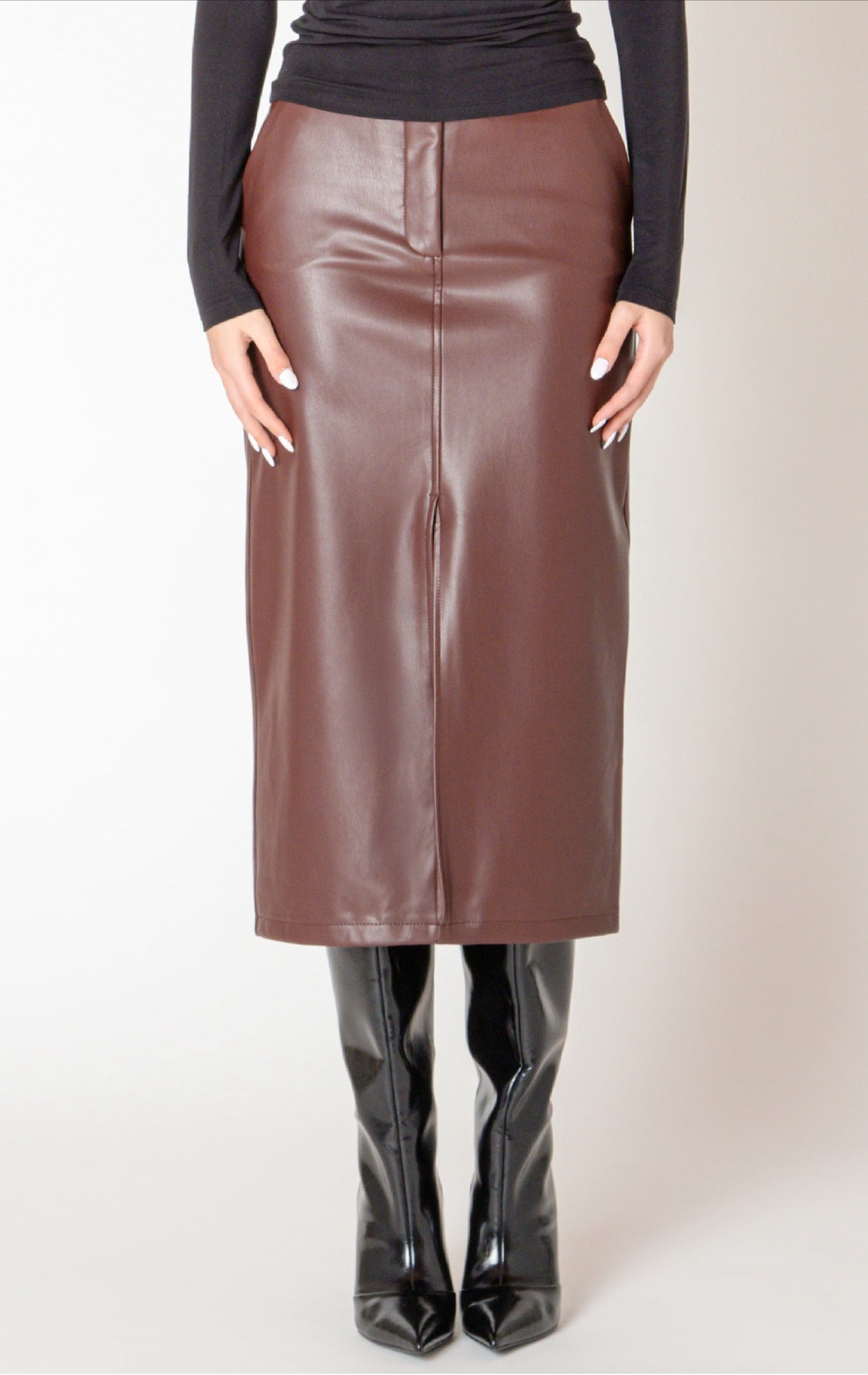 Black Tape Faux Leather Midi Skirt Bordeaux