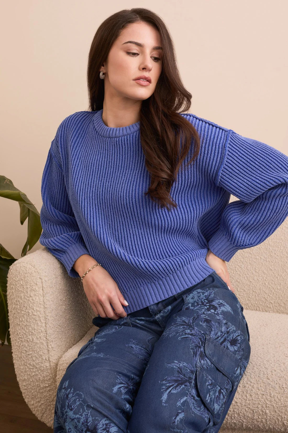 PLAITED CHENILLE CREW NECK RIBBED SWEATER