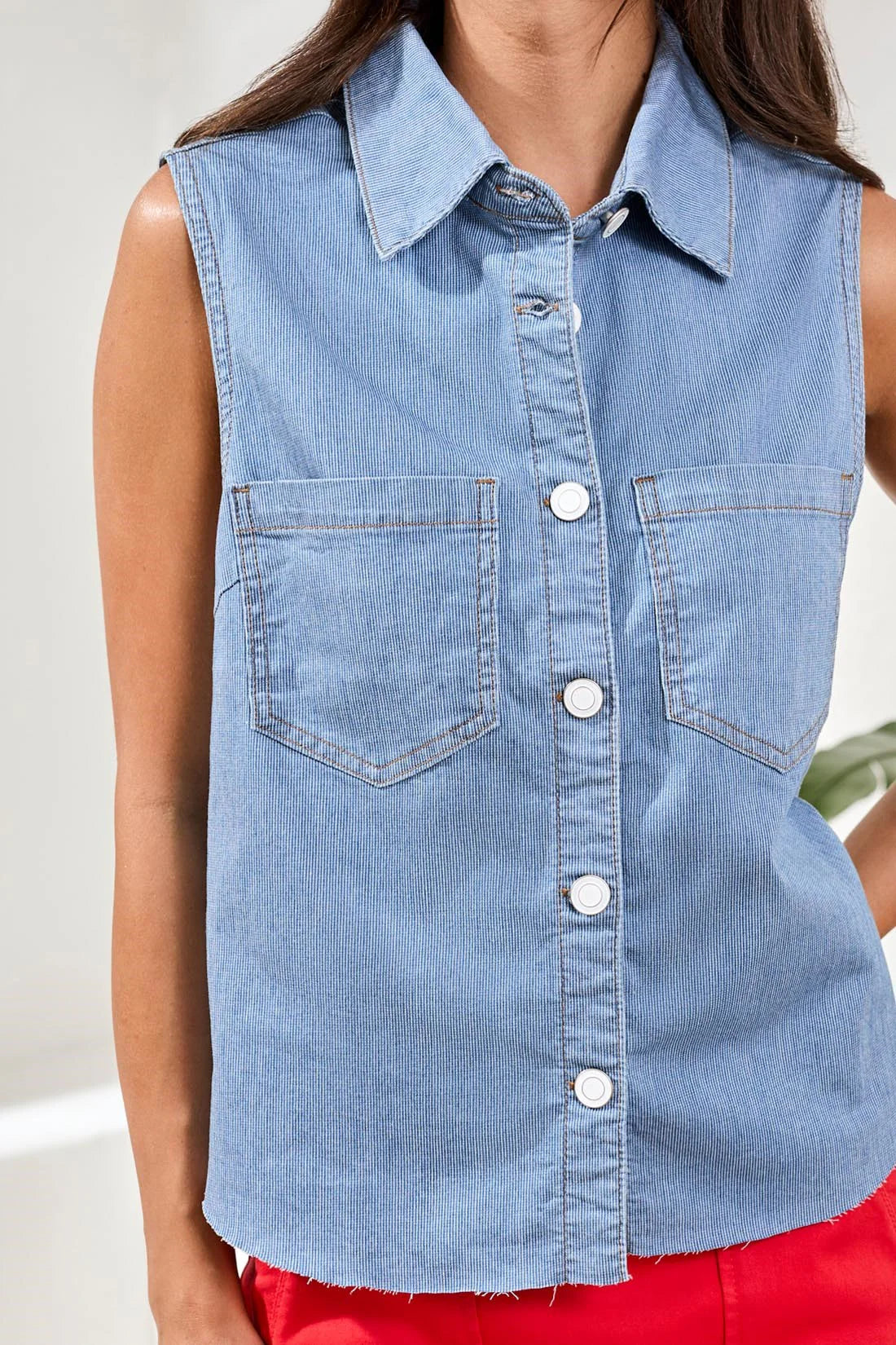 Tribal Button Up Sleeveless Denim Top