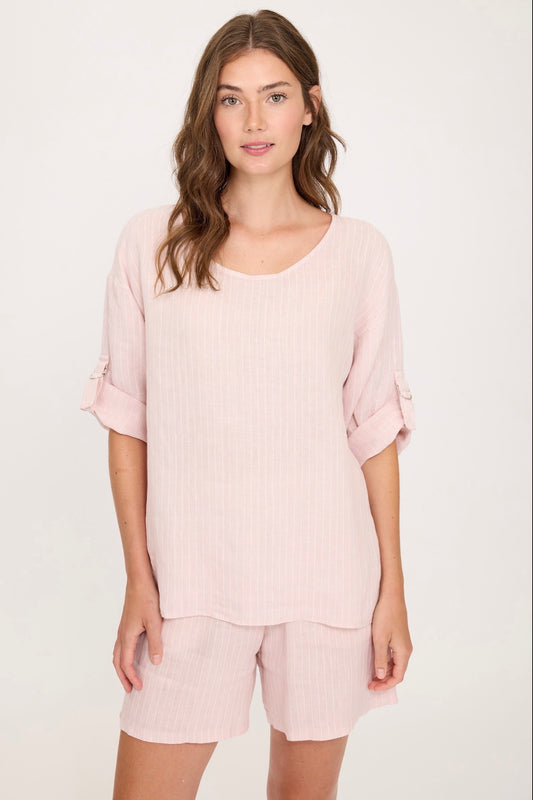 Pistache Linen Clasp Sleeve Top Pink Mist Stripe
