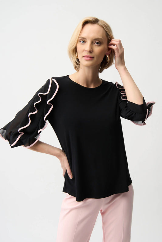 Joseph Ribkoff Silky Knit Top with Chiffon Ruffled Sleeves 261009