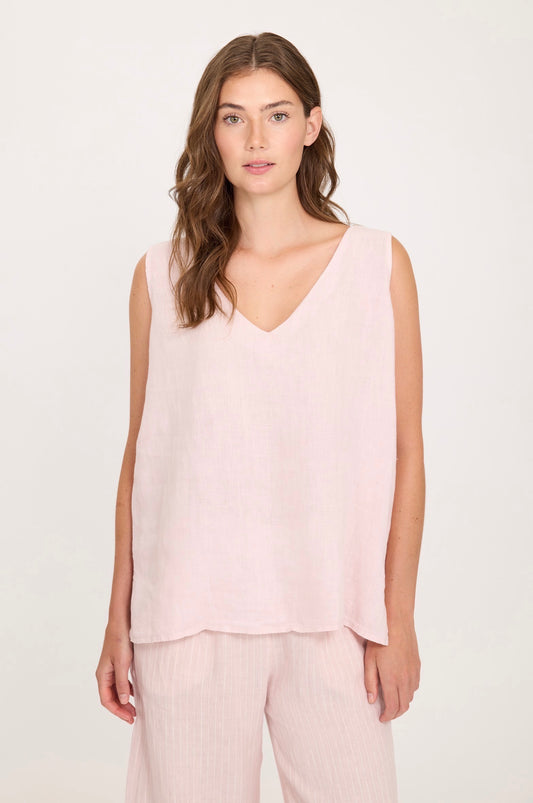 Pistache Sleeveless V-Neck Linen Top Pink Mist