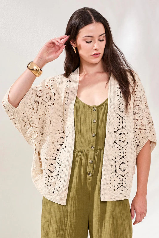 Tribal Embroidered Crochet 3/4 Sleeve Cardigan