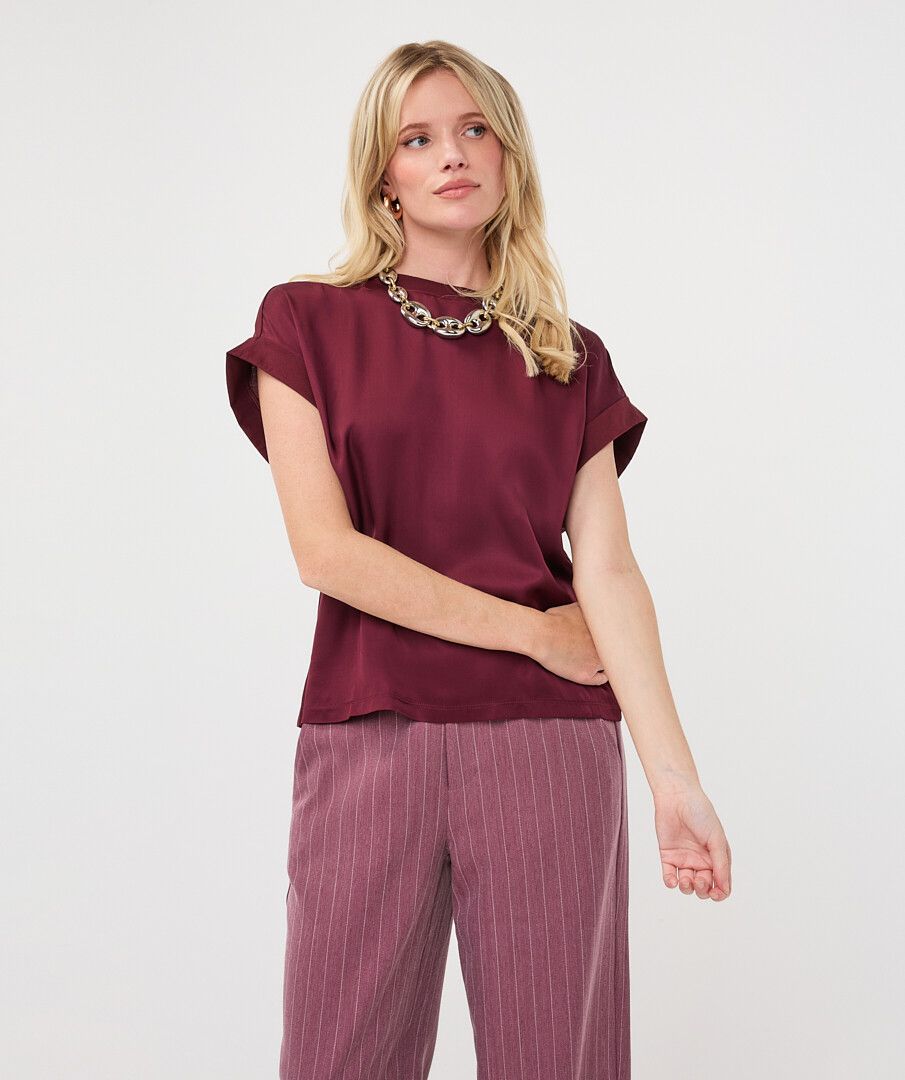 Esqualo Roll Sleeve Satin Tee Merlot