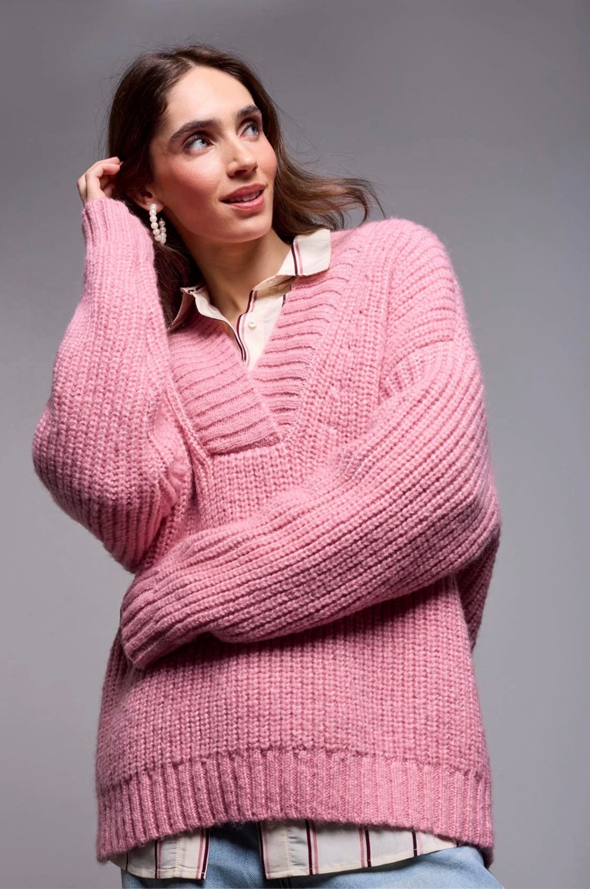 Tribal Blue Thread Chunky Ribbed V-Neck Sweater Pink Frost