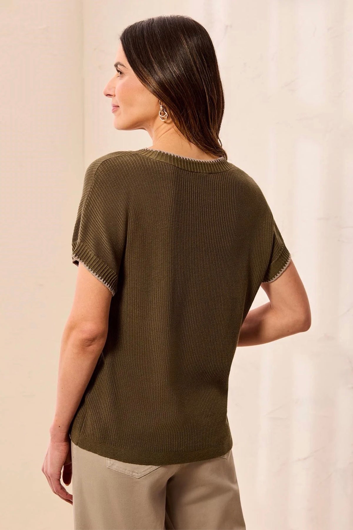Tribal Cap Sleeve Topstitch Sweater Basil