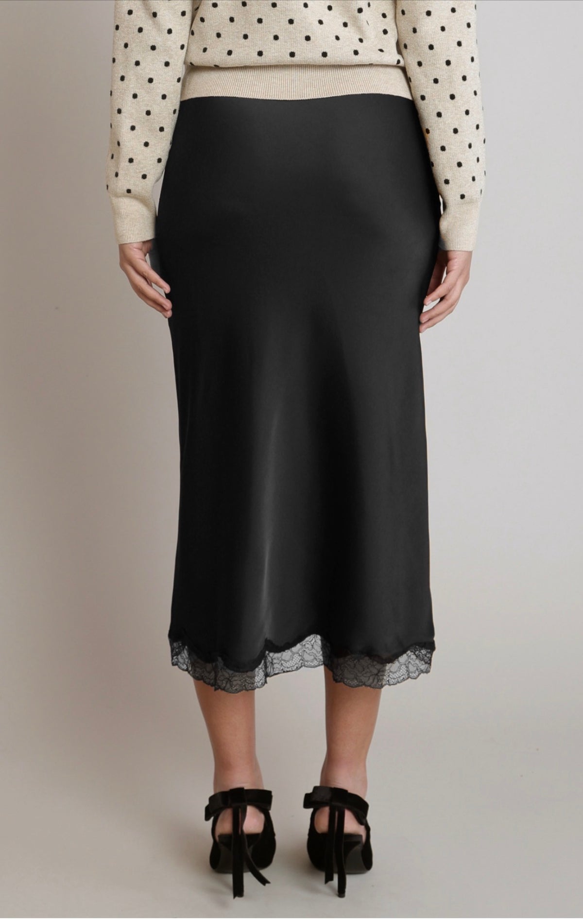Dex Satin Lace Trim Skirt Black