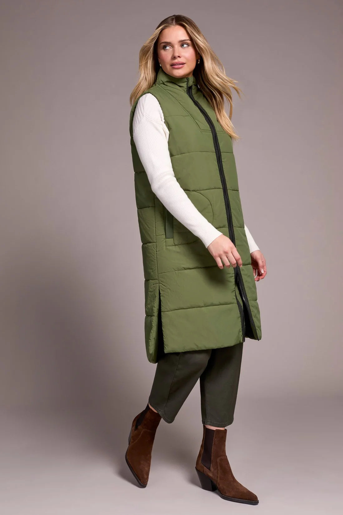 Tribal Long Zip Up Quilted Vest Chive