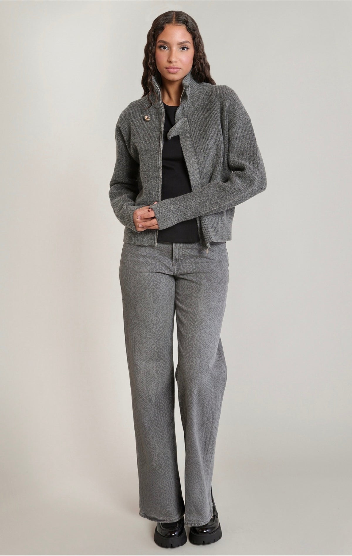 Dex Knit Zip Up Cardigan Dark Grey