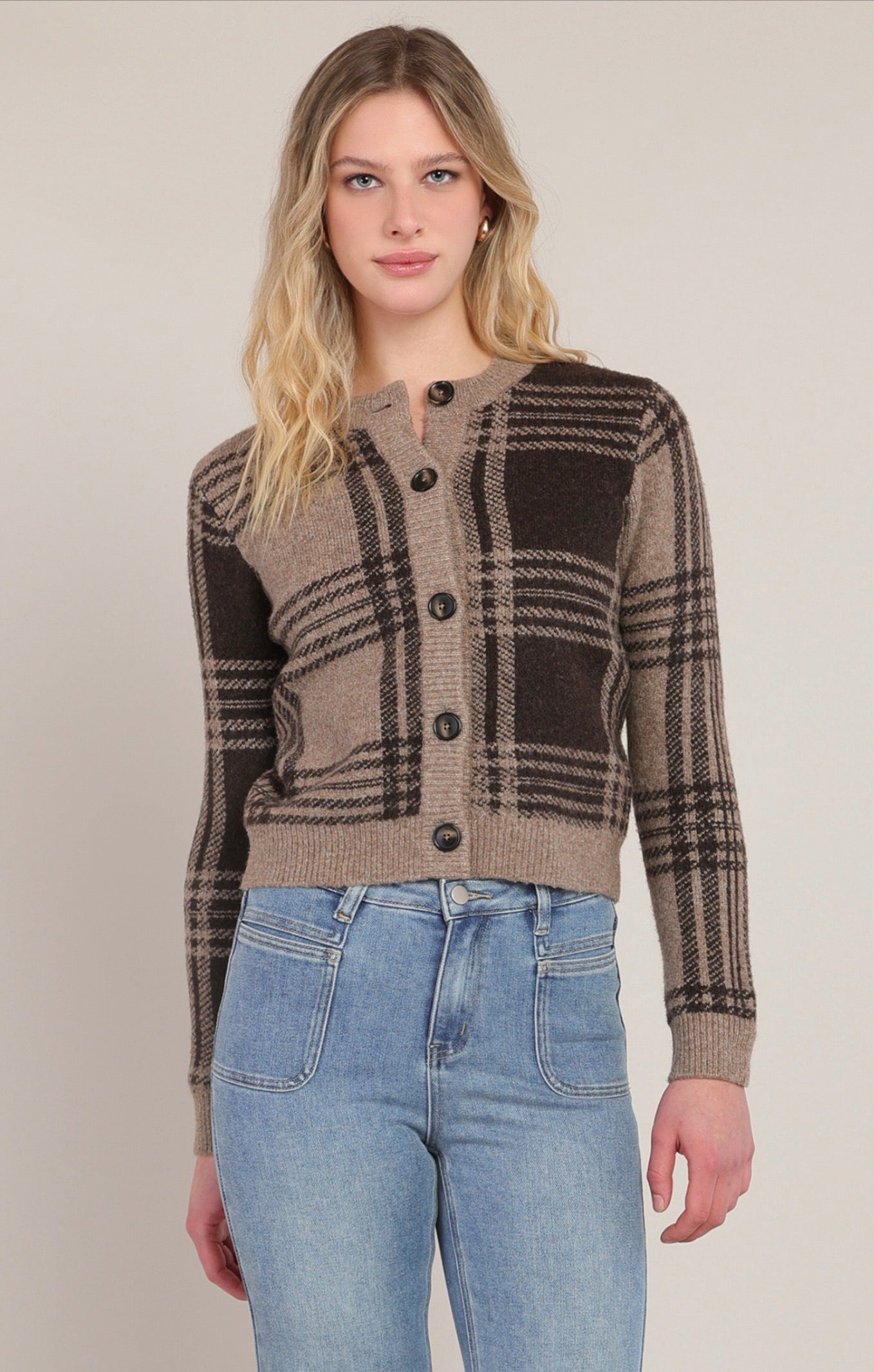 Room 34 Plaid Cardigan Taupe