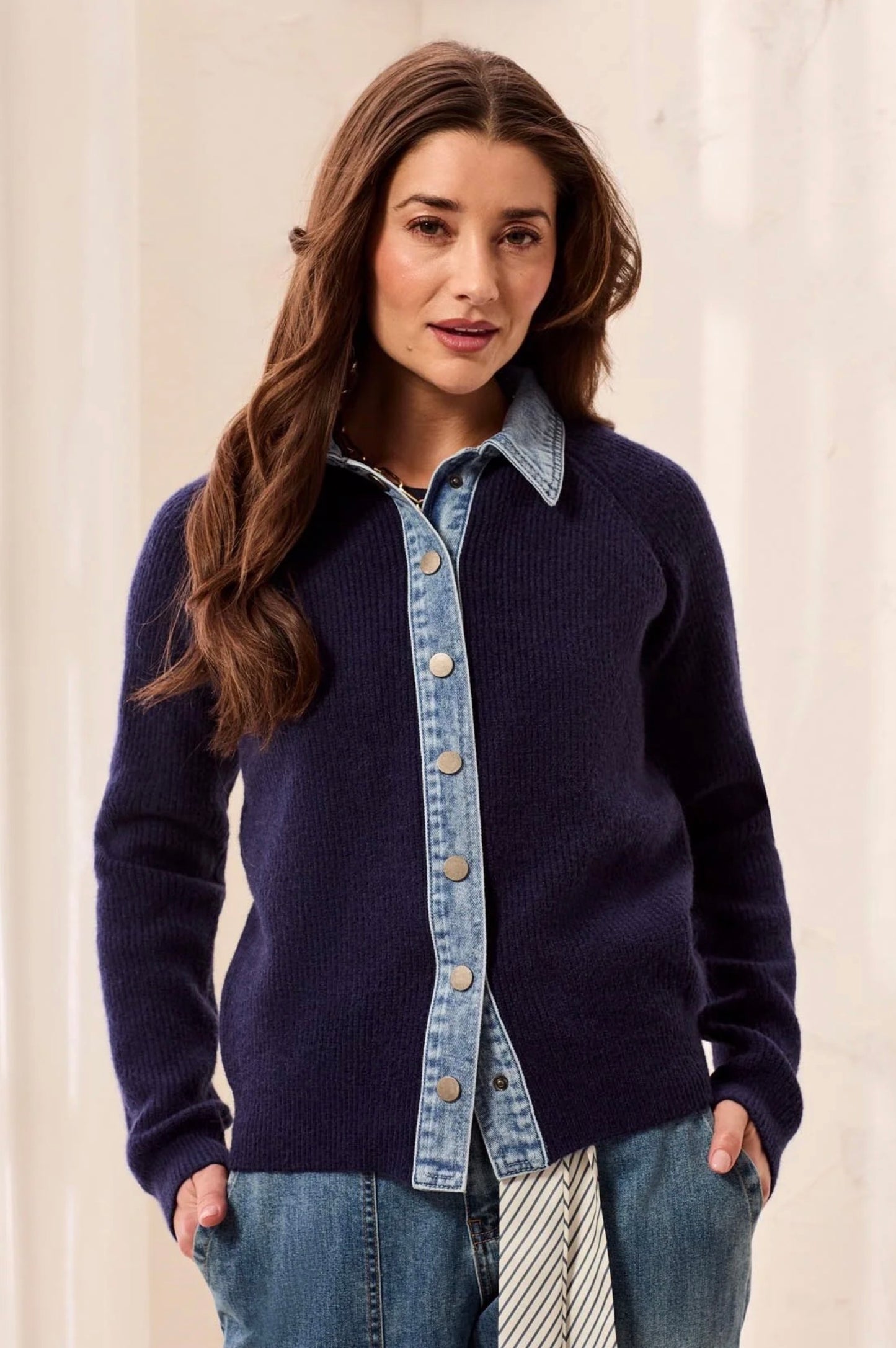 Tribal Denim Trim Sweater Jacket Nightfall